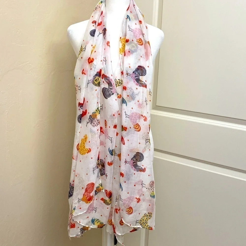 Rooster Hens Scarf Womens Novelty Print Birds Garden Red/White/Gold Sheer 72’